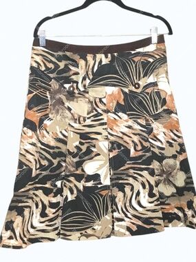 Cottagecore Floral A-Line Skirt Brown Beige Pleated Size 10
